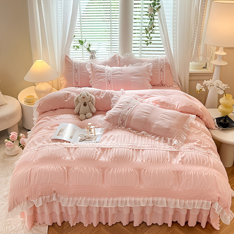 4pcs Solid-color Bedskirt-style Bubble Duvet Cover Set In French Princess Style with Lace Trim (1 Duvet Cover.1 Flat Sheet + 2 Pillowcases, No Fillers). Soft And Comfortable, Machine Washable. Decorative Bedding Perfect for Festive Gifts.