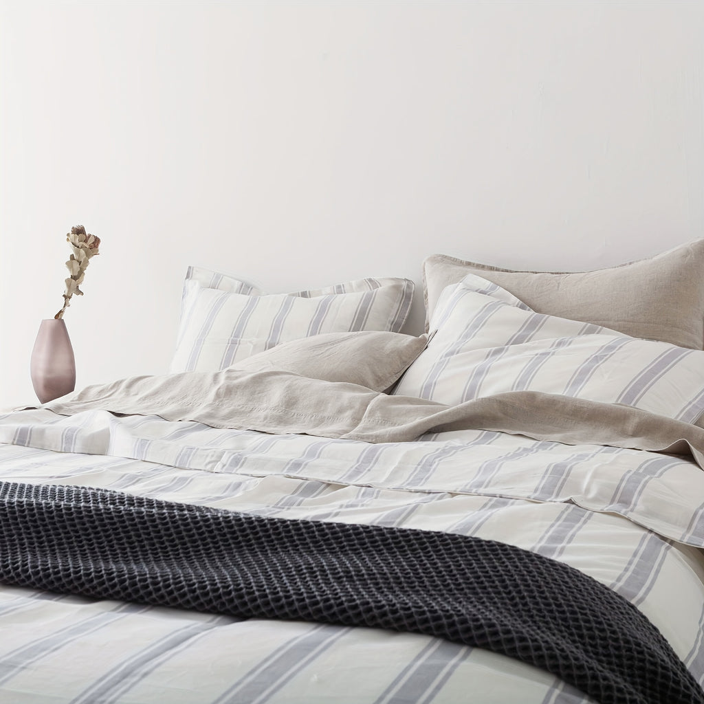 Queen Size Linen And Cotton Comforter Set 3 Pcs, Farmhouse Striped Comforter Set, Soft And Breathable Bedding, 55% Linen, 45% Cotton, Includes 1 Comforter, 2 Pillowcases