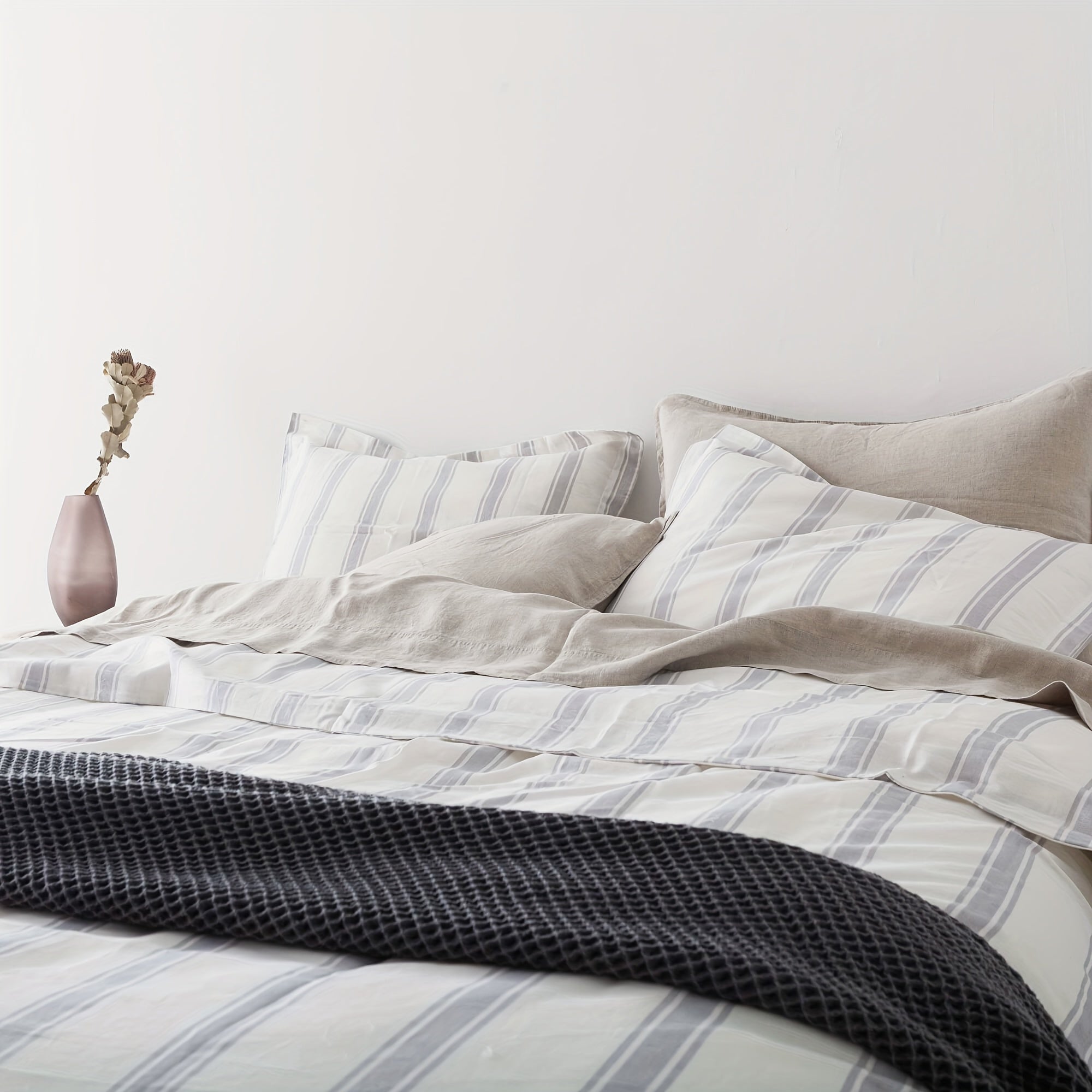 Queen Size Linen And Cotton Comforter Set 3 Pcs, Farmhouse Striped Comforter Set, Soft And Breathable Bedding, 55% Linen, 45% Cotton, Includes 1 Comforter, 2 Pillowcases