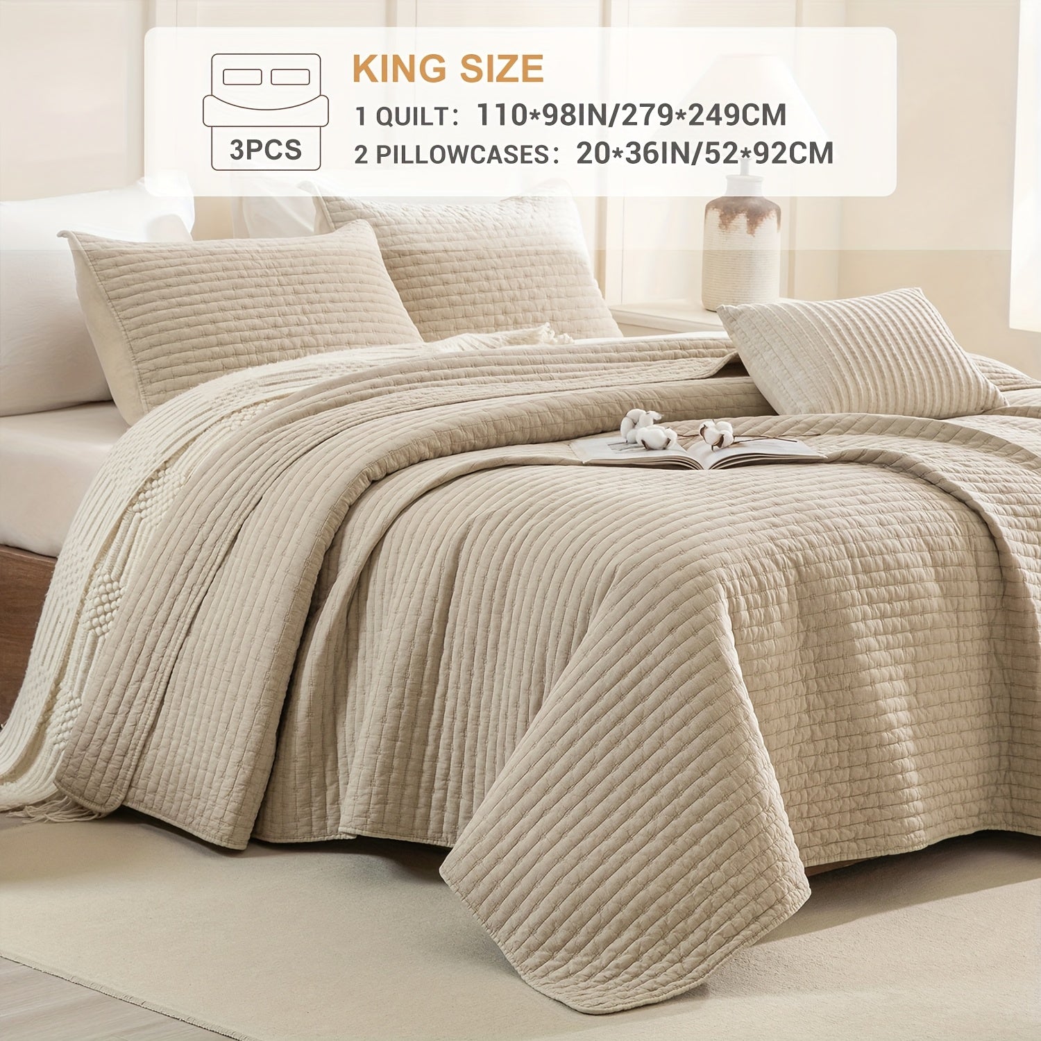 Stonewashed Cotton Coverlet, Olive Green Ultra Soft Crinkle Quilt Bedding Set 3pcs Cross Stitch Pattern Lightweight Breathable Bedspread Set for All Season