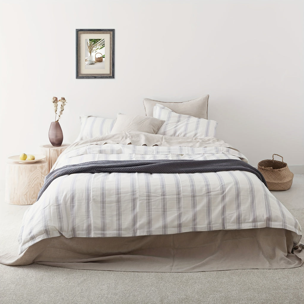 Queen Size Linen And Cotton Comforter Set 3 Pcs, Farmhouse Striped Comforter Set, Soft And Breathable Bedding, 55% Linen, 45% Cotton, Includes 1 Comforter, 2 Pillowcases