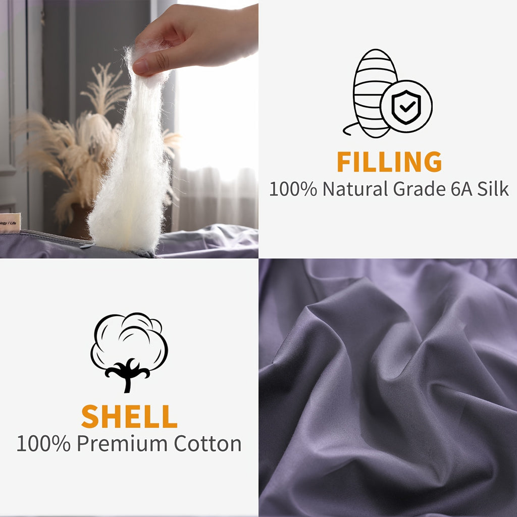 Luxurious Summer\u002FSpring Lightweight Mulberry Silk Comforter, Luxury Silk Bedding Summer, Long Strand Silk Fill Duvet Blankets, Noiseless Cotton Shell (Dark Gray)