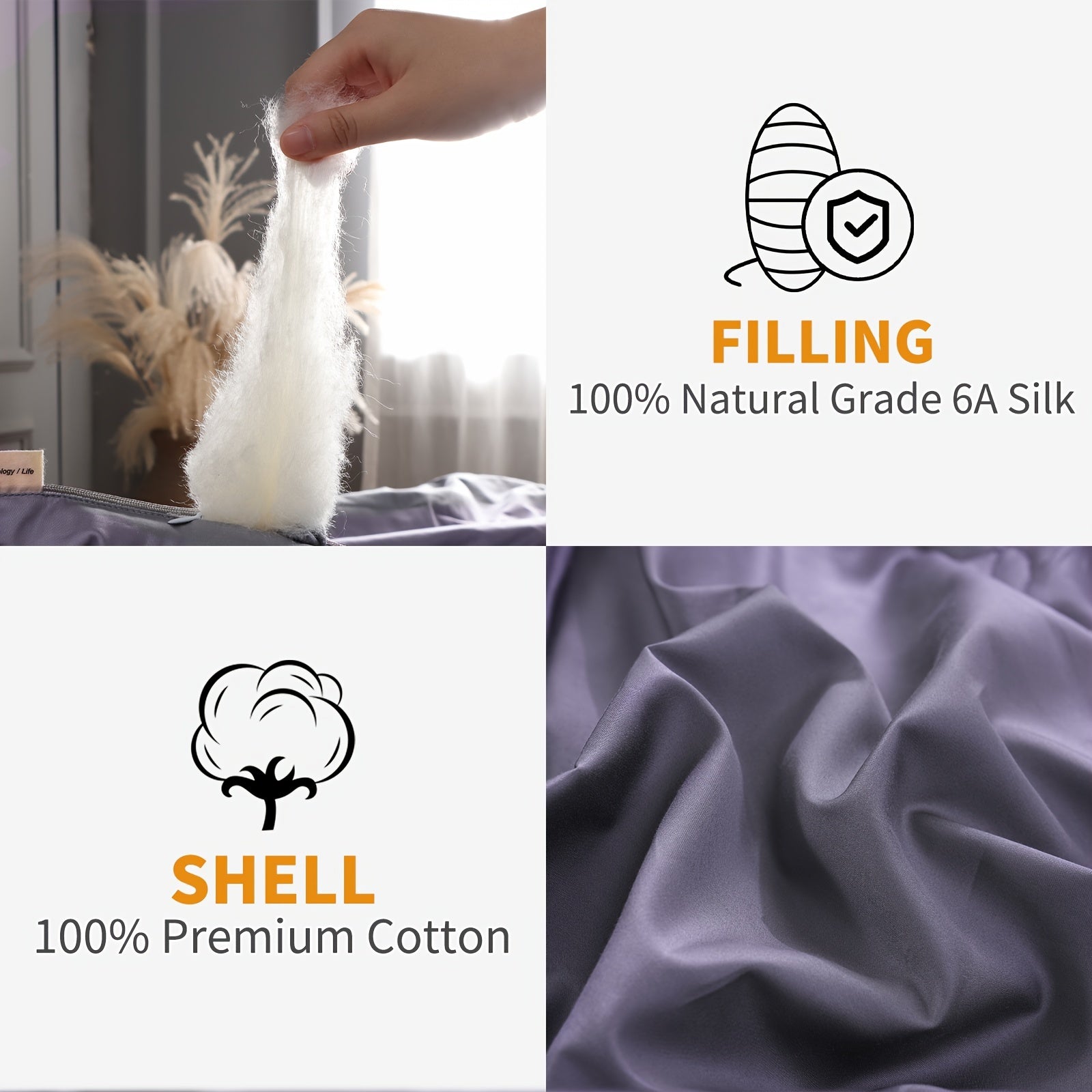 Luxurious Summer\u002FSpring Lightweight Mulberry Silk Comforter, Luxury Silk Bedding Summer, Long Strand Silk Fill Duvet Blankets, Noiseless Cotton Shell (Dark Gray)