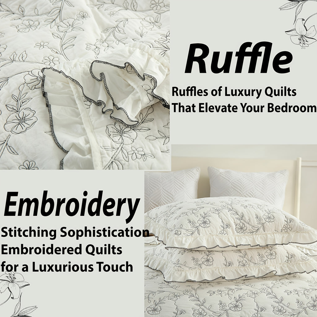 3pcs Floral Ruffled Cotton Oversize Quilt Set Bedspread Set Queen\u002FKing Size Reversible Bedding Set, Coverlet (1 Quilt+2 Pillowshams)