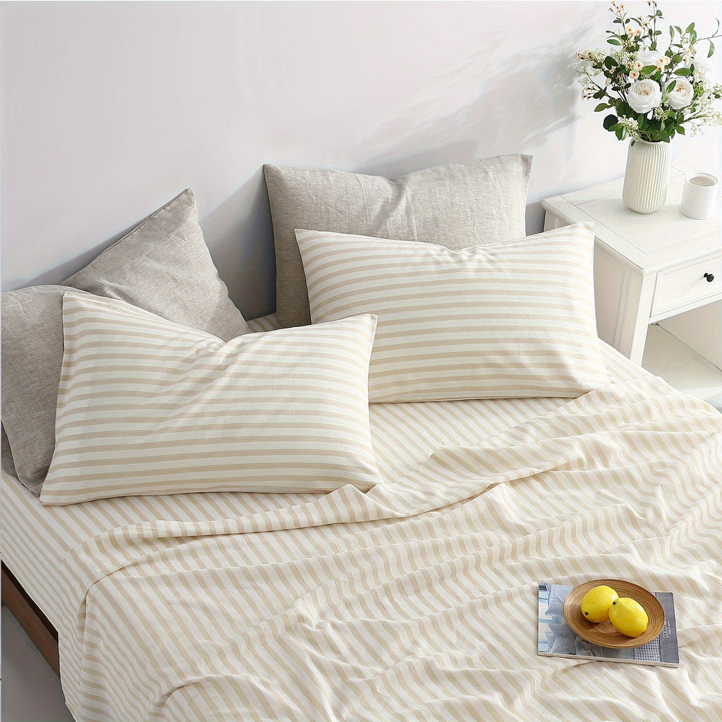 Queen Sheet Set 4 Pcs - 55% Linen, 45% Cotton Striped Sheet Set, Farmhouse, Breathable & Soft, Include Flat Sheet X 1, Fitted Sheet X 1, Pillowcase X 2