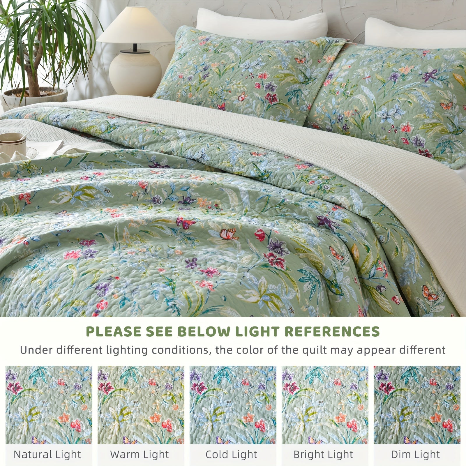 100% Cotton Floral Quilt - Green Floral Quilted Bedspreads Set, 3pcs Green Flower Bird Butterfly Print Botanical Quilt Bedding Coverlet Summer Soft Lightweight Aesthetic Bedding