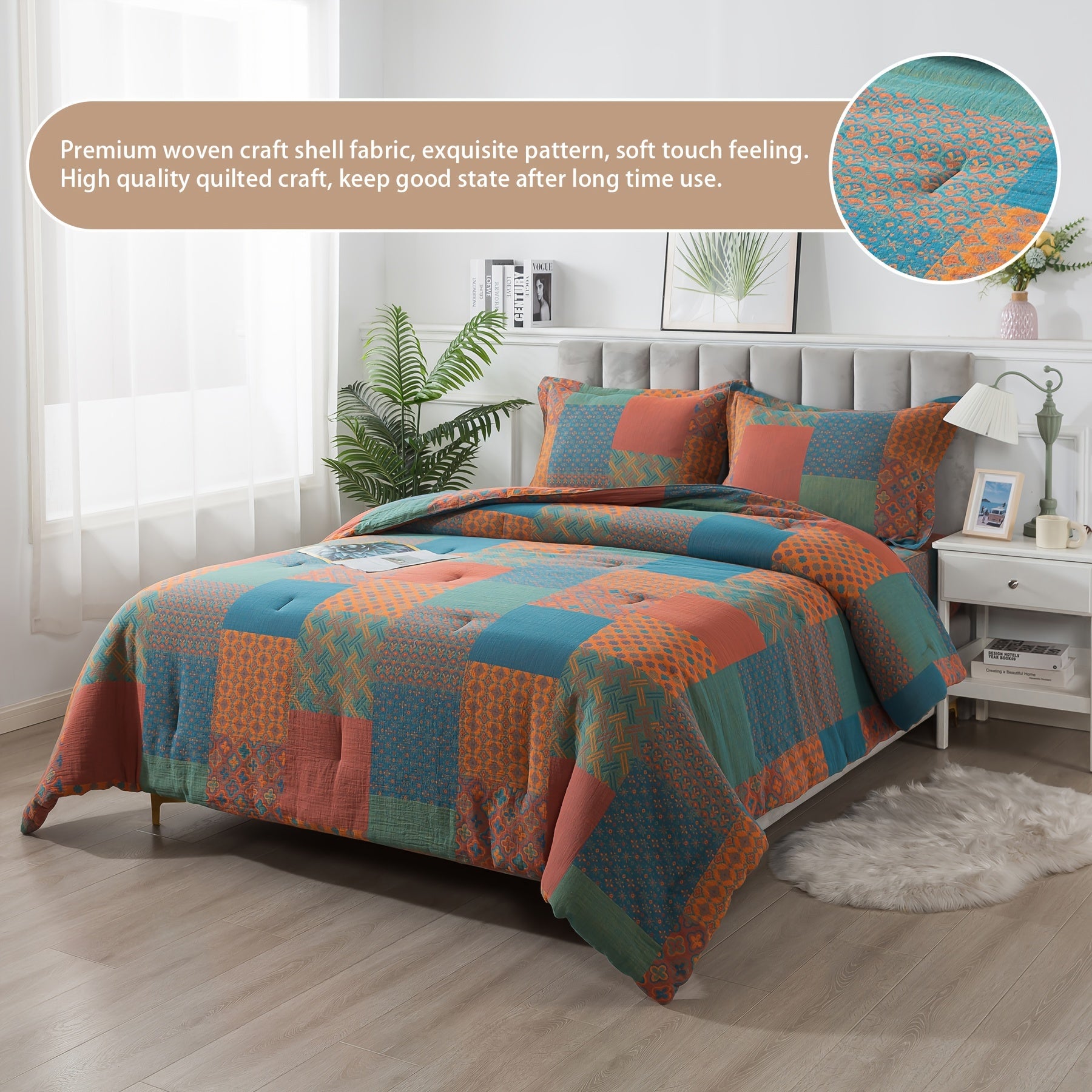 4pcs Washed Double Layer Muslin 100% Patchwork Patterned Vintage Comforter Set, Boho Fluffy Thick Checked Bed Comforter Sets, Luxury Home Hotel Designer Bedding Set, Soft Breathable, All-Season