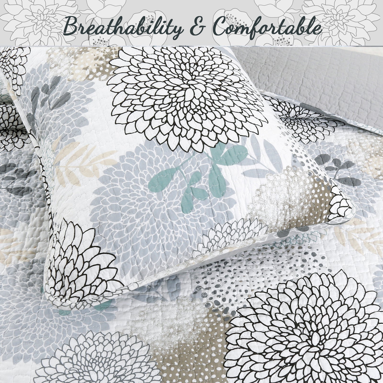 100 Cotton Floral Aqua Teal Blue Reversible Quilt Bedding Set, Lightweight Bedspread Coverlet for All Seasons