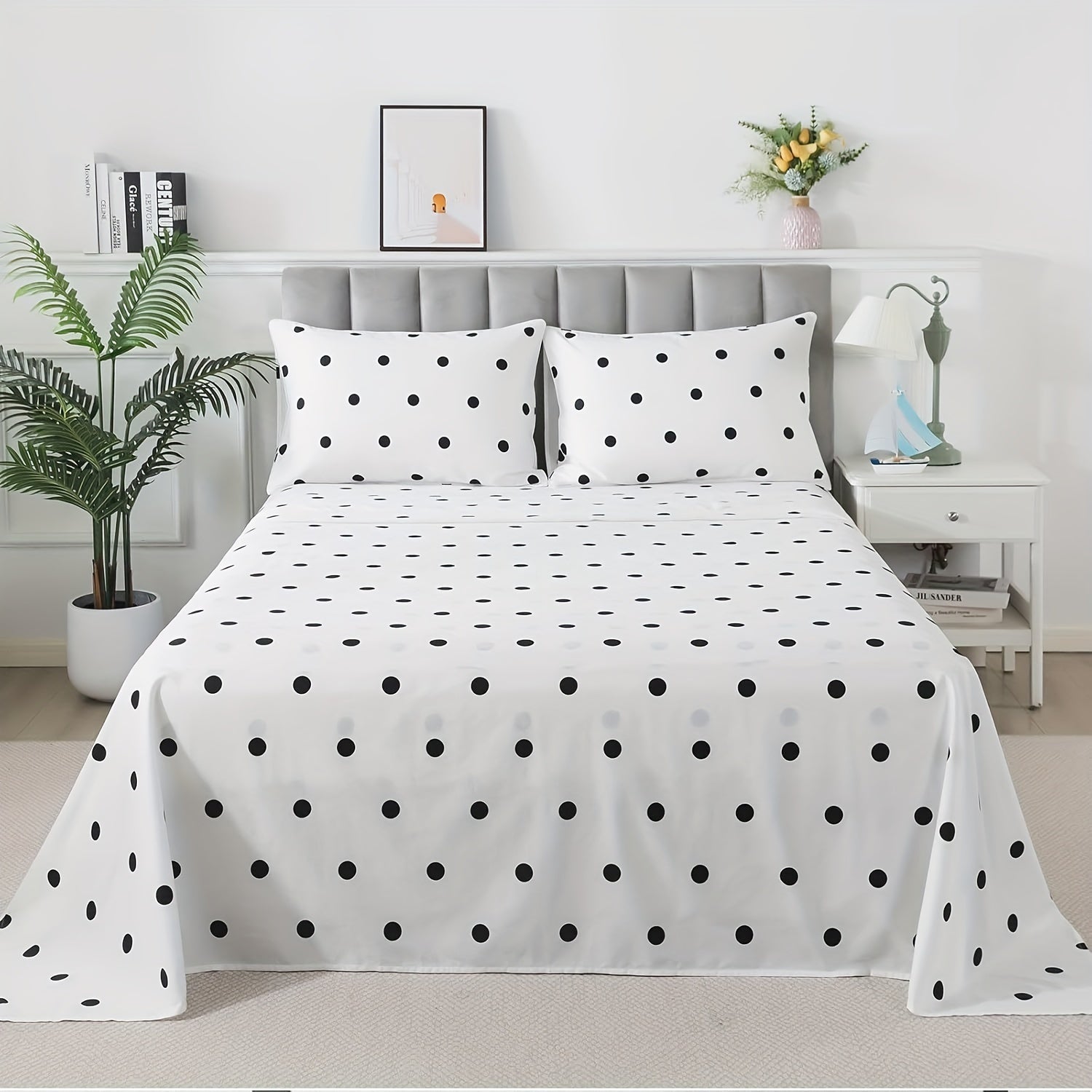 4pcs SoftTouch Bedding Set - 100% Polka Dot Twin\u002FFull\u002FQueen\u002FKing Sheets with Pillowcases, Breathable Twill Weave, All-Season, Machine Washable, Active Printing, Deep Pocket