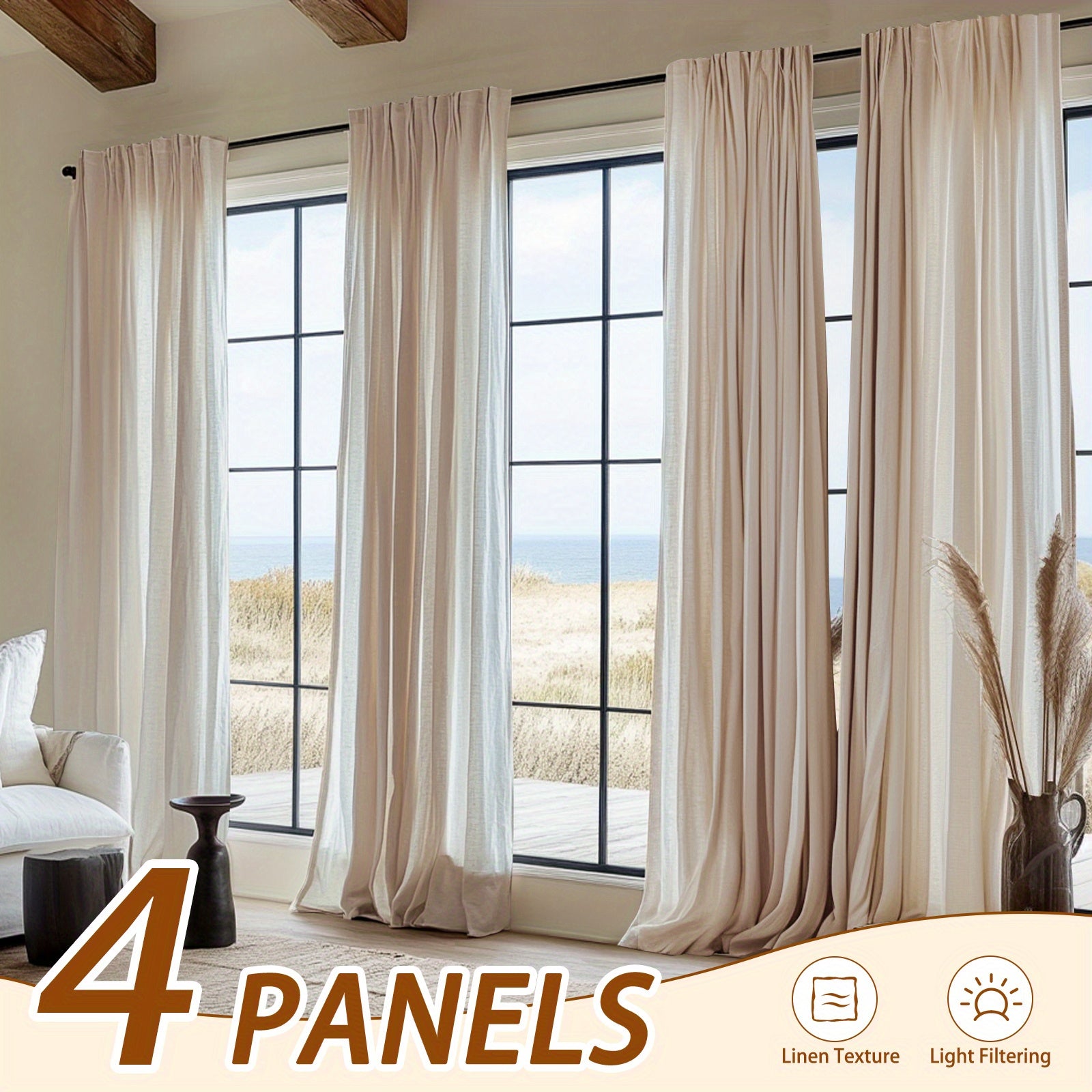4pcs Elegant Beige Linen Curtains - Light Filtering, Rod Pocket Design for Easy Hanging, Perfect for Living Room & Bedroom - Modern Farmhouse Style, Machine Washable, Curtains for Living Room, JINCHAN
