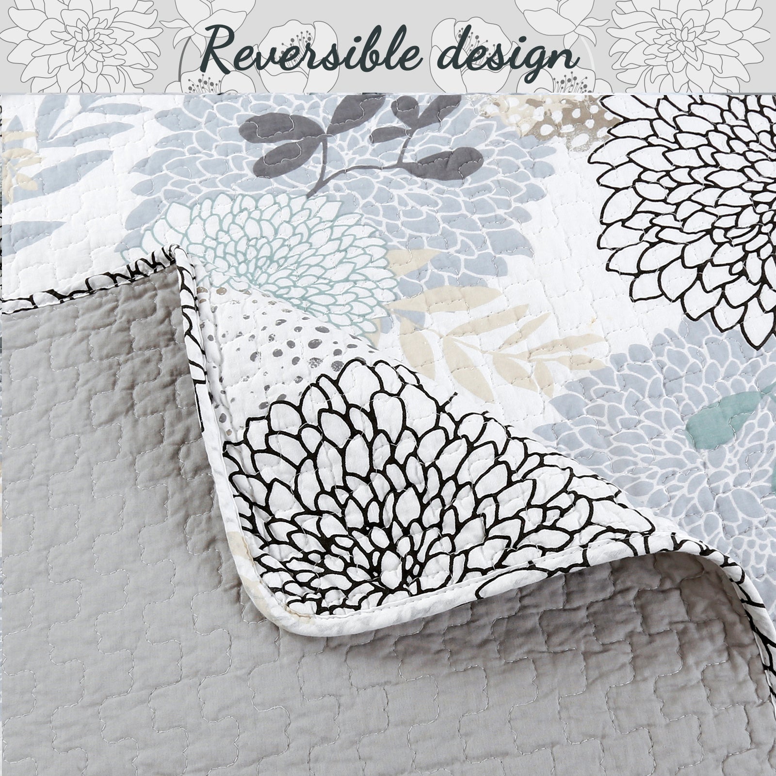 100 Cotton Floral Aqua Teal Blue Reversible Quilt Bedding Set, Lightweight Bedspread Coverlet for All Seasons