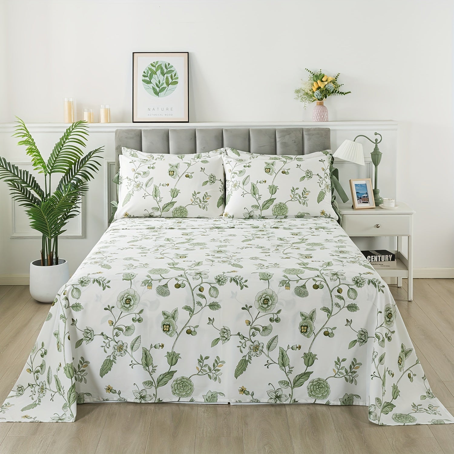 Green Floral Bed Sheets 100% Percale Cotton 4pcs Deep Pocket Botanical Sheets Flower Leaves Print Super Soft Breathable Cooling Crisp White Sheets for All Season