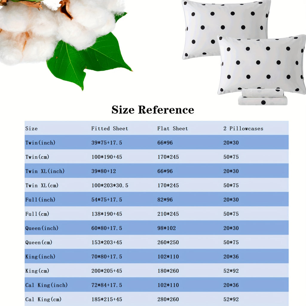 4pcs SoftTouch Bedding Set - 100% Polka Dot Twin\u002FFull\u002FQueen\u002FKing Sheets with Pillowcases, Breathable Twill Weave, All-Season, Machine Washable, Active Printing, Deep Pocket