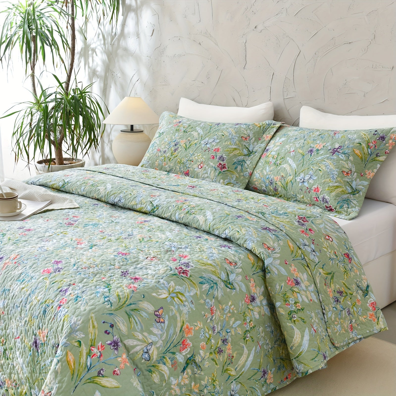 100% Cotton Floral Quilt - Green Floral Quilted Bedspreads Set, 3pcs Green Flower Bird Butterfly Print Botanical Quilt Bedding Coverlet Summer Soft Lightweight Aesthetic Bedding