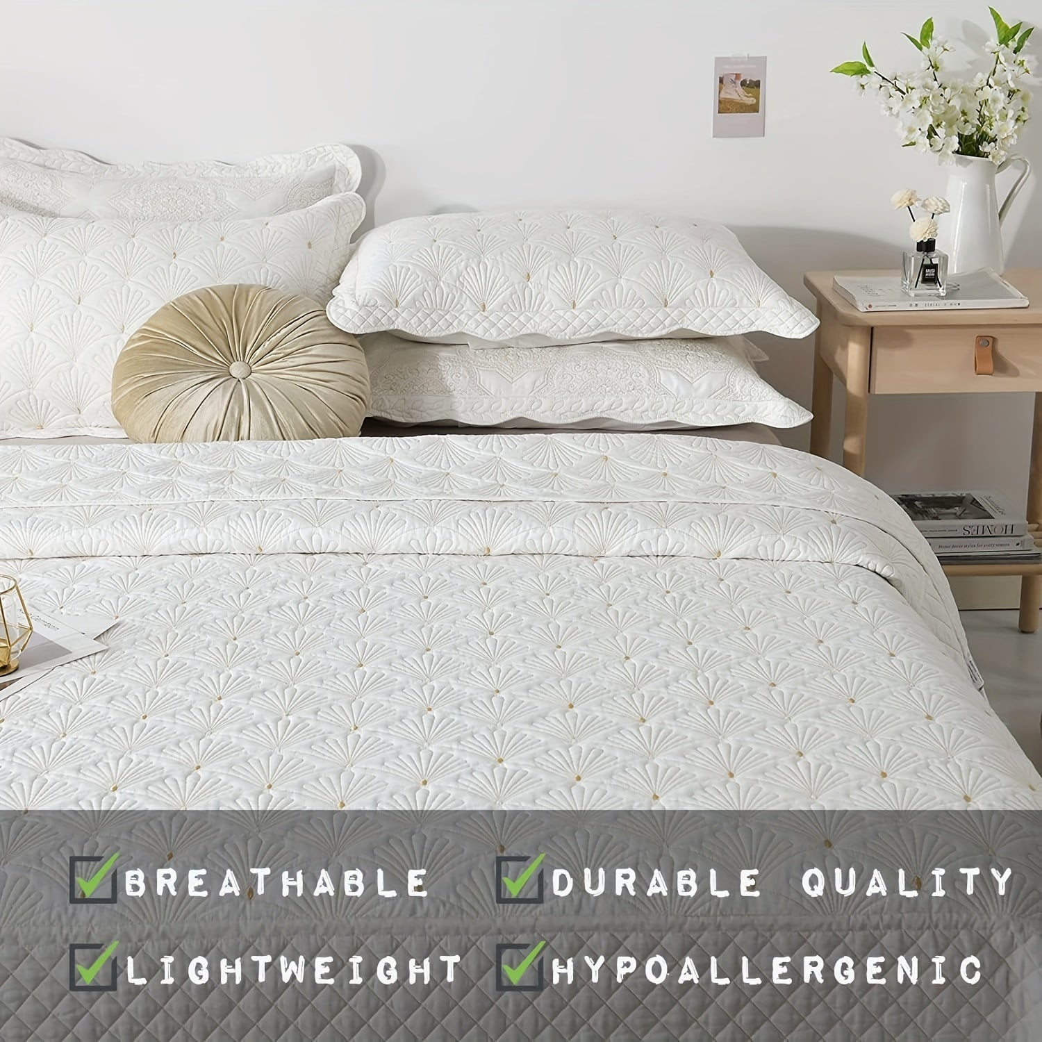 3pcs Queen King Size Luxury Modern Sea Shell Embroidered Quilt Set, 100% Polyester, Creme White - Includes 1 Quilt and 2 Pillow Shams, Lightweight Soft Matelasse Coverlet for All-Season Comfort, Comfortable Clothing|Quilted Design|Textured Fabric