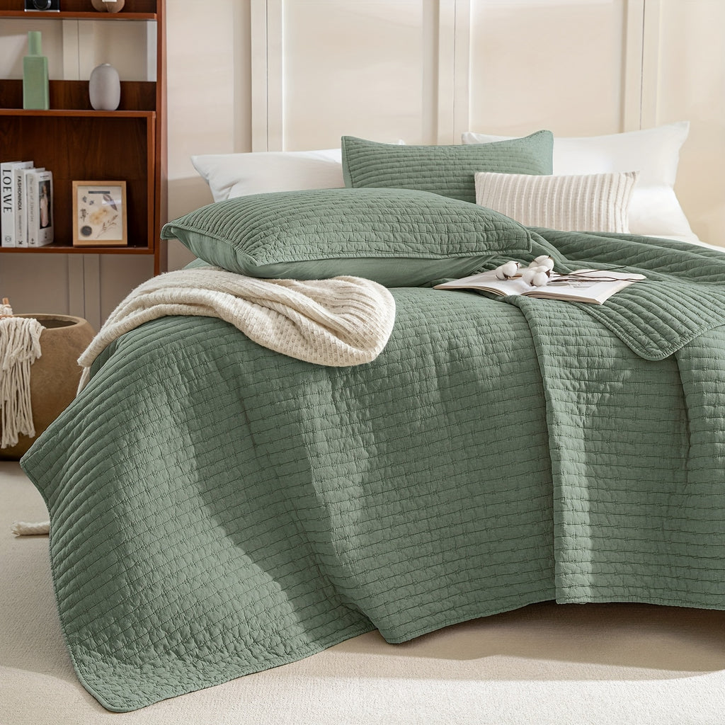 Stonewashed Cotton Coverlet, Olive Green Ultra Soft Crinkle Quilt Bedding Set 3pcs Cross Stitch Pattern Lightweight Breathable Bedspread Set for All Season