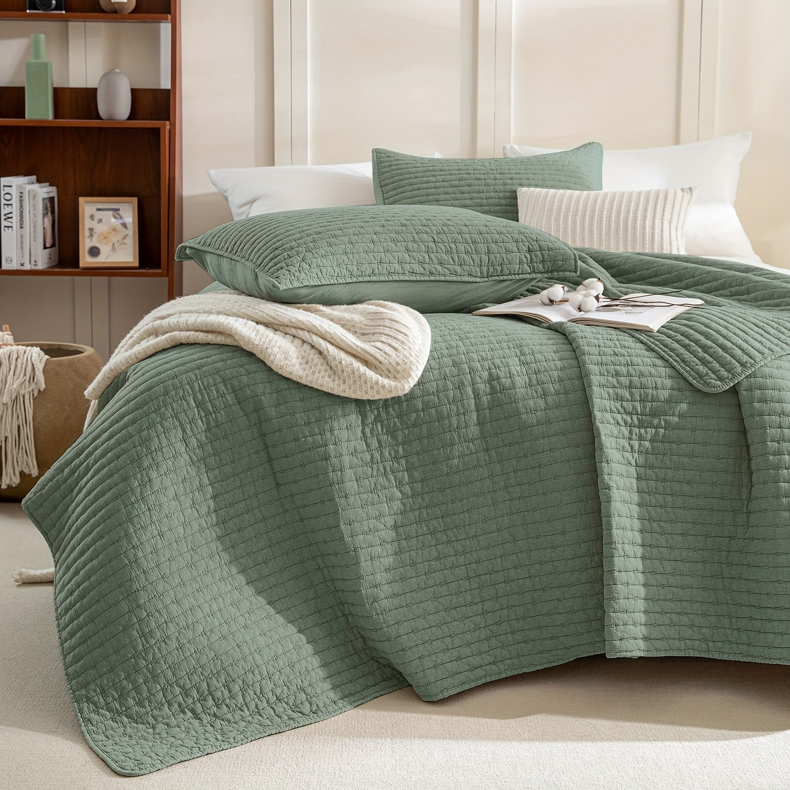 Stonewashed Cotton Coverlet, Olive Green Ultra Soft Crinkle Quilt Bedding Set 3pcs Cross Stitch Pattern Lightweight Breathable Bedspread Set for All Season