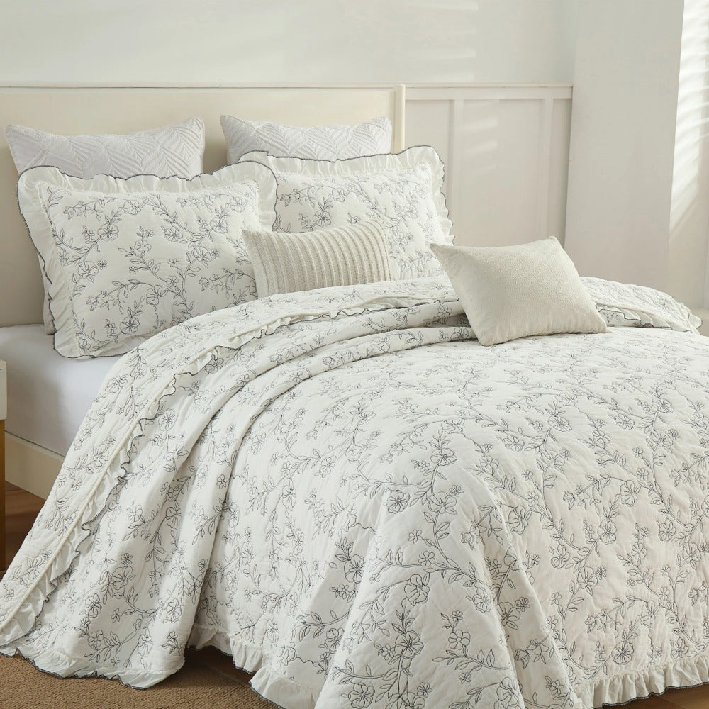 3pcs Floral Ruffled Cotton Oversize Quilt Set Bedspread Set Queen\u002FKing Size Reversible Bedding Set, Coverlet (1 Quilt+2 Pillowshams)
