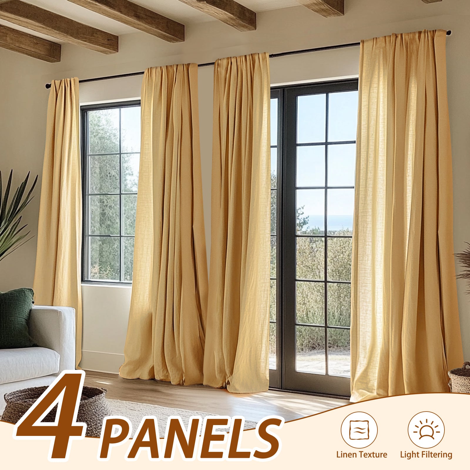 4pcs Elegant Beige Linen Curtains - Light Filtering, Rod Pocket Design for Easy Hanging, Perfect for Living Room & Bedroom - Modern Farmhouse Style, Machine Washable, Curtains for Living Room, JINCHAN