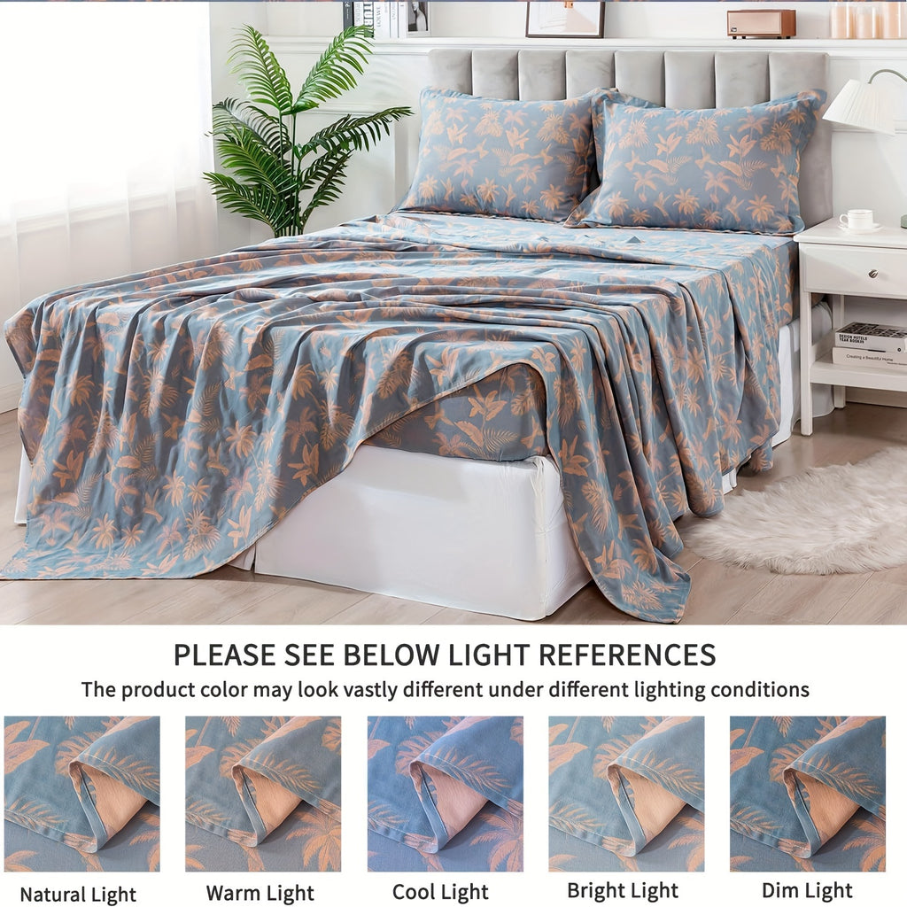 100% Cotton Double Gauze Floral Sheets Set Dirty Blue Tropical Bird Bed Sheet Shabby Vintage Bedding Orange Coconut Tree Printed Deep Pocket Sheets Luxury Soft Breathable, 4pcs