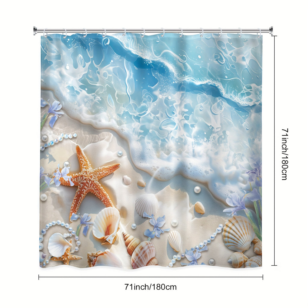 1\u002F4pcs - Beach Shower Curtain Set, Dreamy Waves Beach Flowers Starfish Shells Ocean Waterproof Shower Curtain With 12 Hooks, Non-slip Bathroom Floor Mat, Toilet U-shaped Mat, Cover Mat, Shower Decoration Accessories