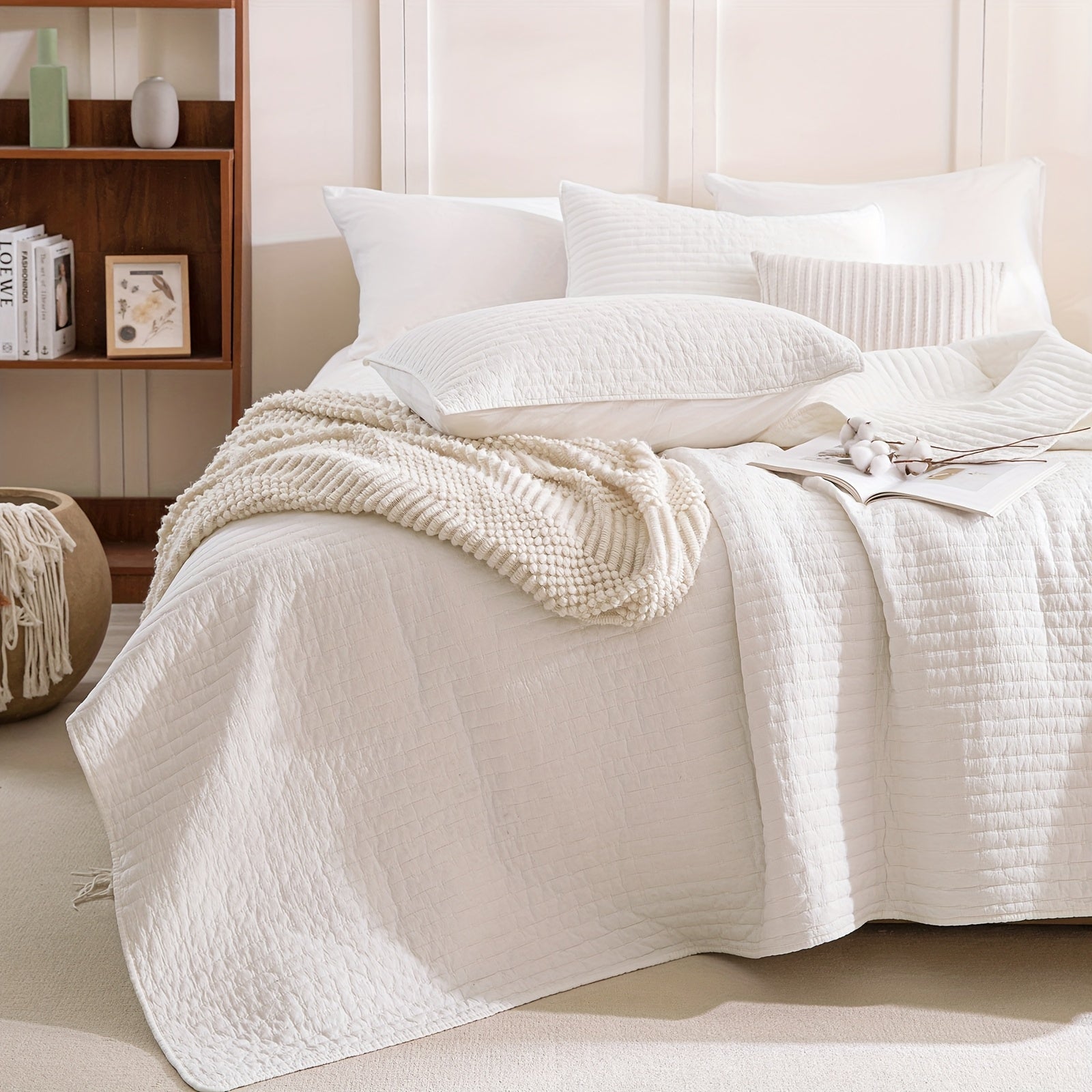 Stonewashed Cotton Coverlet, Olive Green Ultra Soft Crinkle Quilt Bedding Set 3pcs Cross Stitch Pattern Lightweight Breathable Bedspread Set for All Season