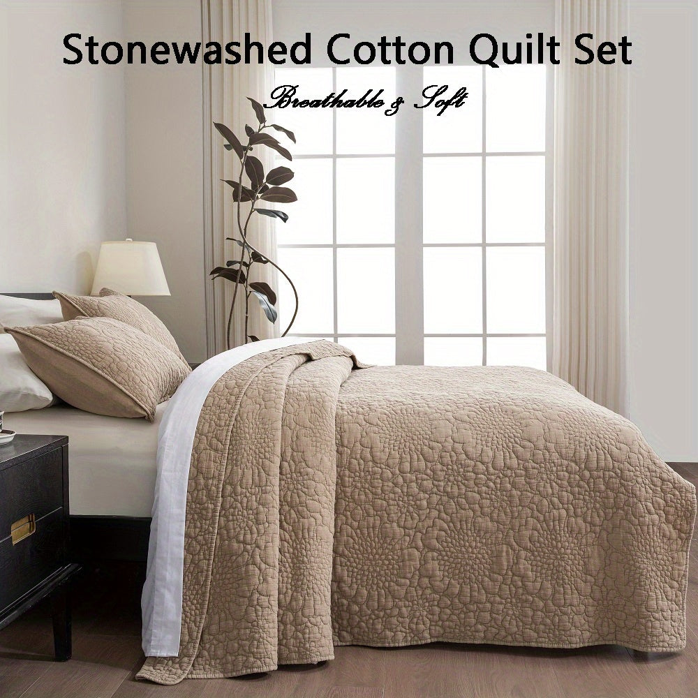3pcs Stonewashed Cotton Reversible Floral Quilt Set Bedspreads, Real Quilting Soft & Breathable Quilt, All Seasons Lightweight Bedspread, Master Suites Or Guest Rooms Bedding Set (1 Quilt, 2 Pillow Shams), Machine Washable.