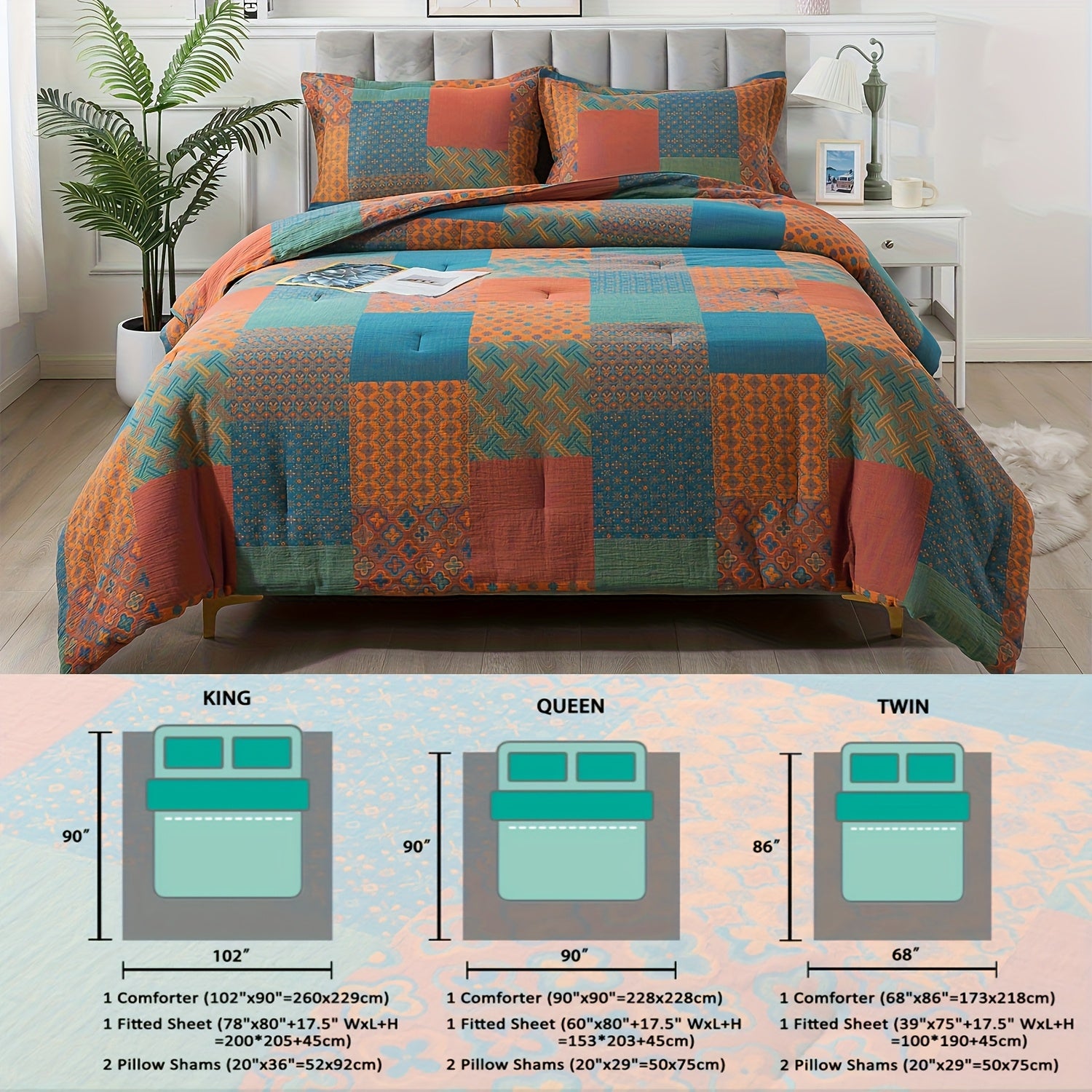 4pcs Washed Double Layer Muslin 100% Patchwork Patterned Vintage Comforter Set, Boho Fluffy Thick Checked Bed Comforter Sets, Luxury Home Hotel Designer Bedding Set, Soft Breathable, All-Season