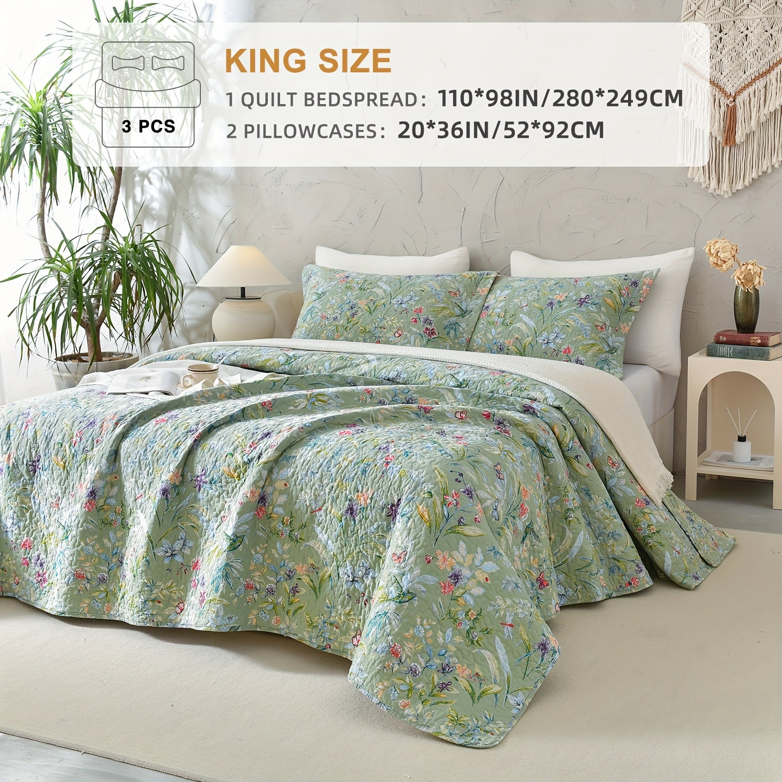 100% Cotton Floral Quilt - Green Floral Quilted Bedspreads Set, 3pcs Green Flower Bird Butterfly Print Botanical Quilt Bedding Coverlet Summer Soft Lightweight Aesthetic Bedding