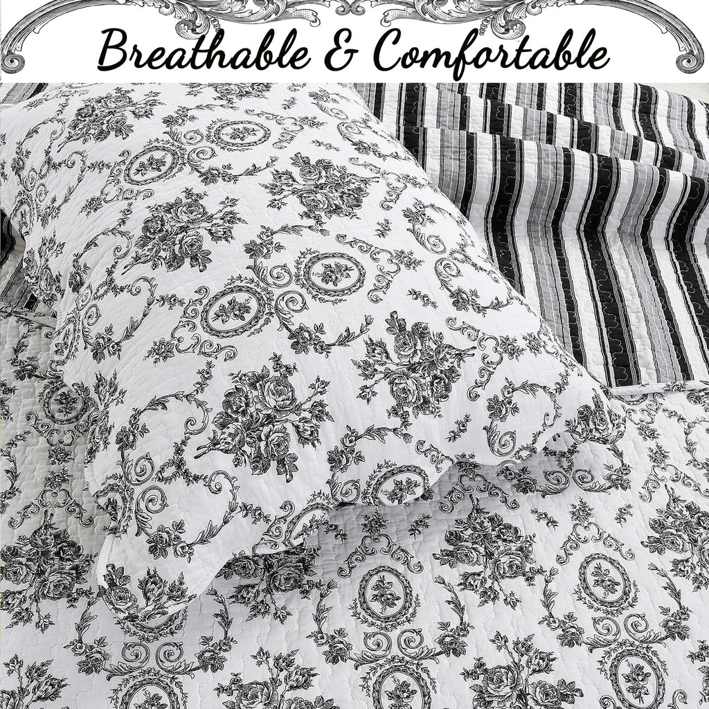 3pc 100 Cotton French Medallion Floral Quilt Bedding Set, Lightweight Bedspread Coverlet for All Seasons