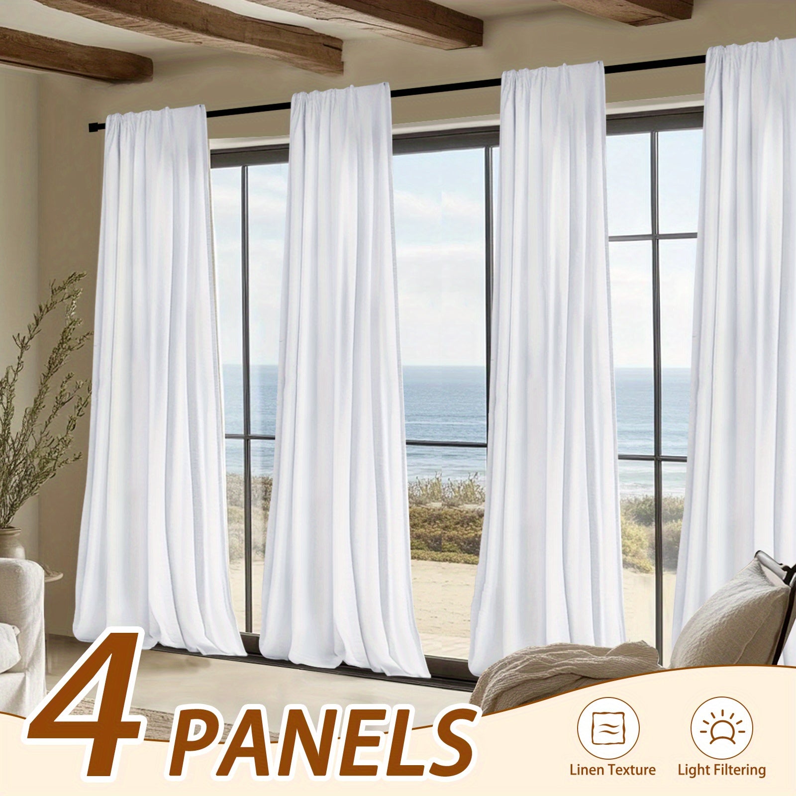 4pcs Elegant Beige Linen Curtains - Light Filtering, Rod Pocket Design for Easy Hanging, Perfect for Living Room & Bedroom - Modern Farmhouse Style, Machine Washable, Curtains for Living Room, JINCHAN