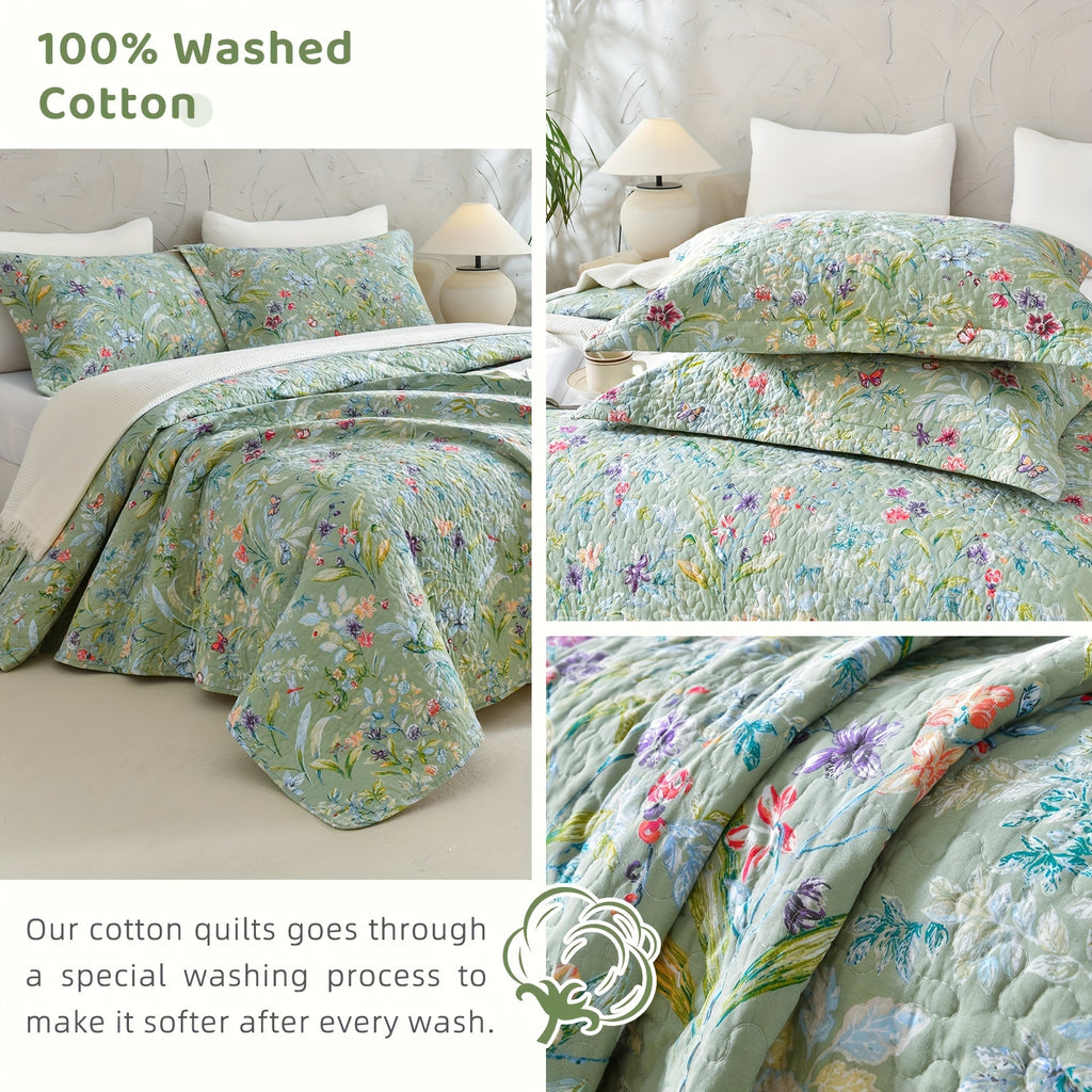 100% Cotton Floral Quilt - Green Floral Quilted Bedspreads Set, 3pcs Green Flower Bird Butterfly Print Botanical Quilt Bedding Coverlet Summer Soft Lightweight Aesthetic Bedding
