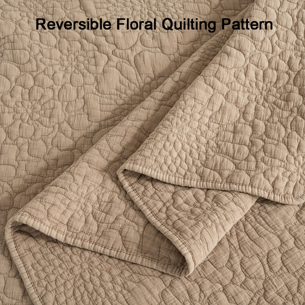 3pcs Stonewashed Cotton Reversible Floral Quilt Set Bedspreads, Real Quilting Soft & Breathable Quilt, All Seasons Lightweight Bedspread, Master Suites Or Guest Rooms Bedding Set (1 Quilt, 2 Pillow Shams), Machine Washable.