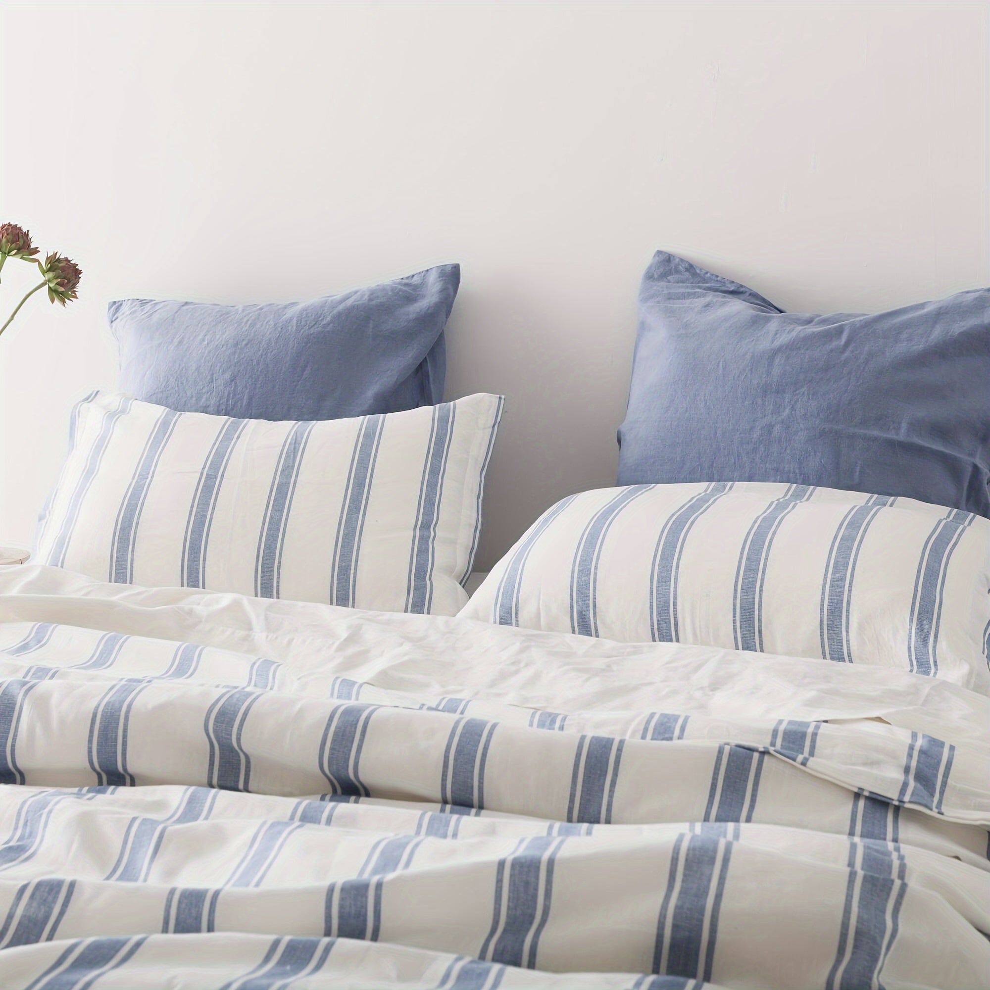 Queen Size Linen And Cotton Comforter Set 3 Pcs, Farmhouse Striped Comforter Set, Soft And Breathable Bedding, 55% Linen, 45% Cotton, Includes 1 Comforter, 2 Pillowcases