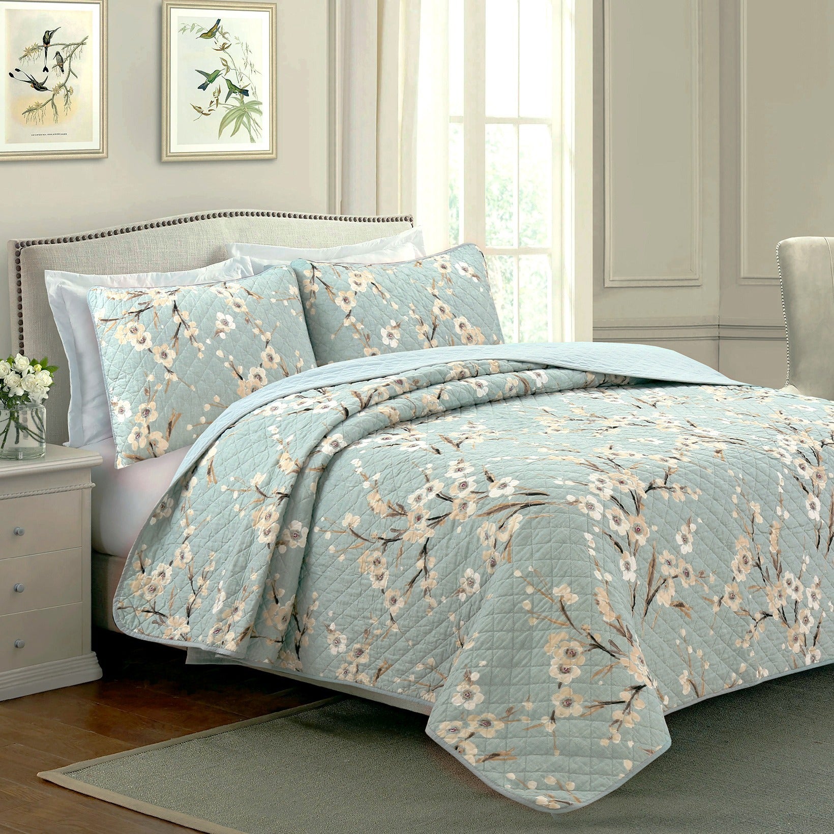 100 Cotton Floral Aqua Teal Blue Reversible Quilt Bedding Set, Lightweight Bedspread Coverlet for All Seasons