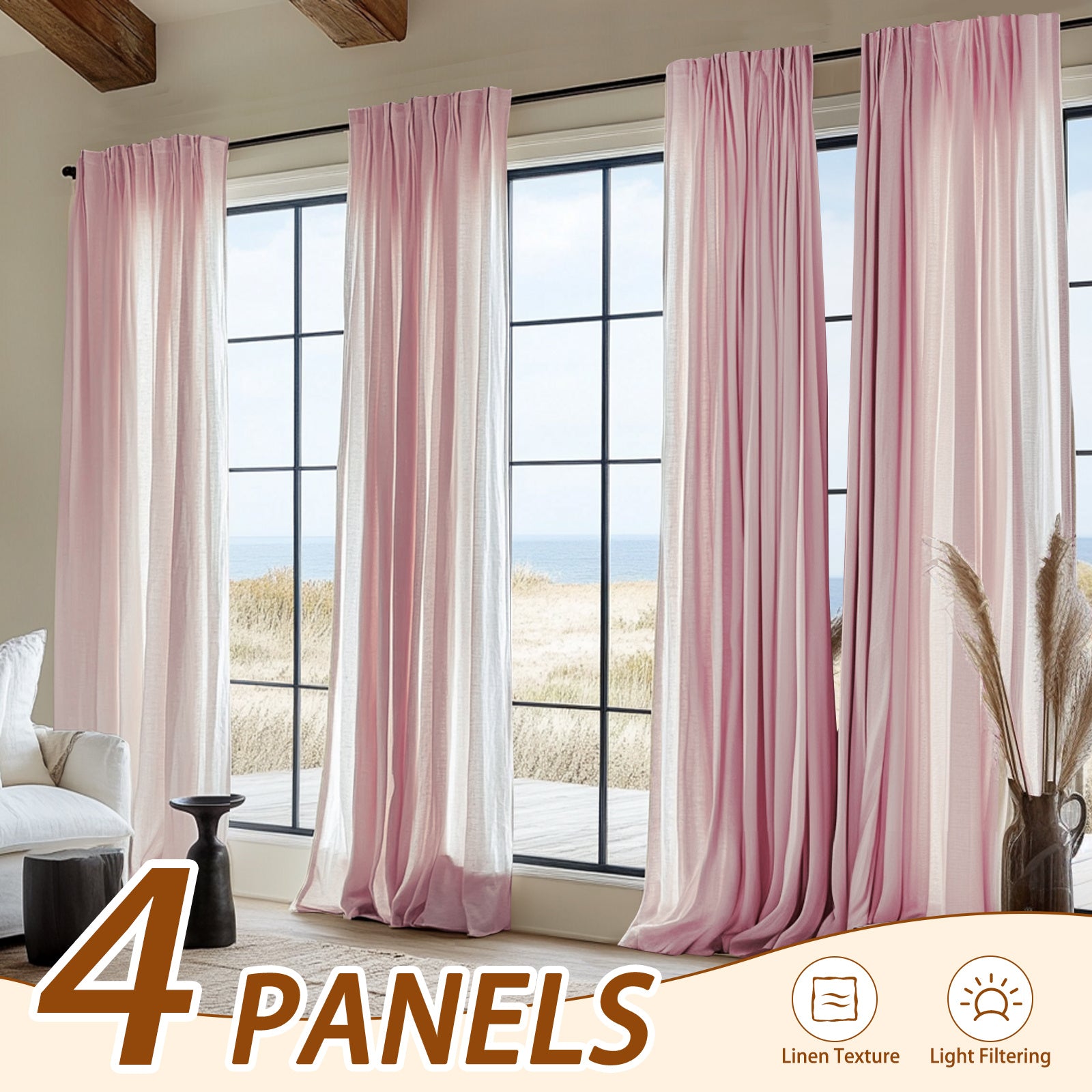 4pcs Elegant Beige Linen Curtains - Light Filtering, Rod Pocket Design for Easy Hanging, Perfect for Living Room & Bedroom - Modern Farmhouse Style, Machine Washable, Curtains for Living Room, JINCHAN