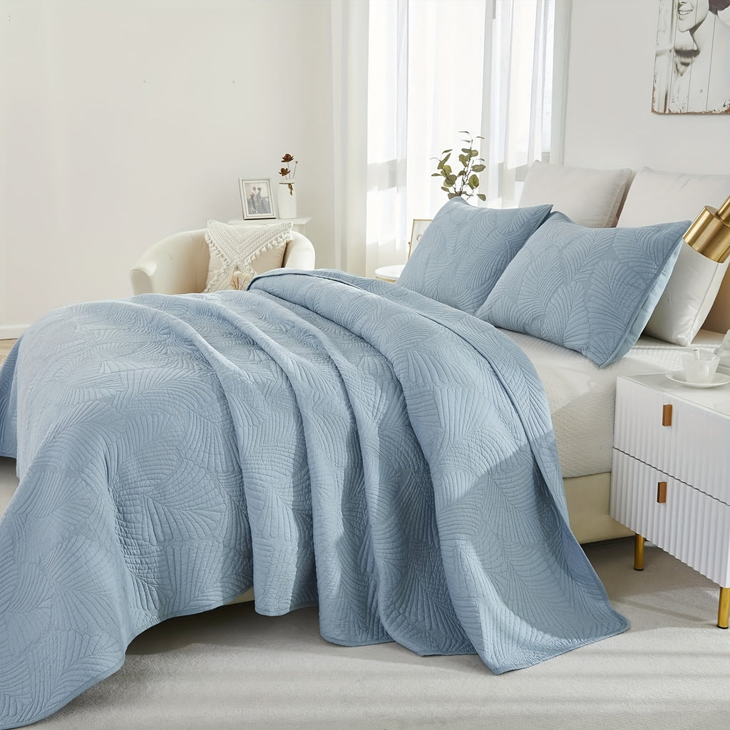 3Pcs Luxury Palm Tree Leaf Pattern Embroidered Quilt Set, 100% Cotton Blue Farmhouse Bedspread Set, Lightweight Soft Tropical Style Coverlet Set, for All-Season, Queen King Size