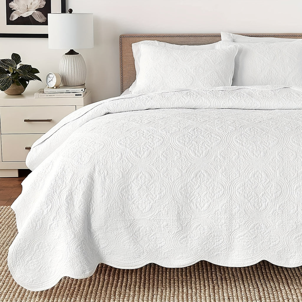 100% Cotton Medallion Solid White Embossed Bedding Quilt Set
