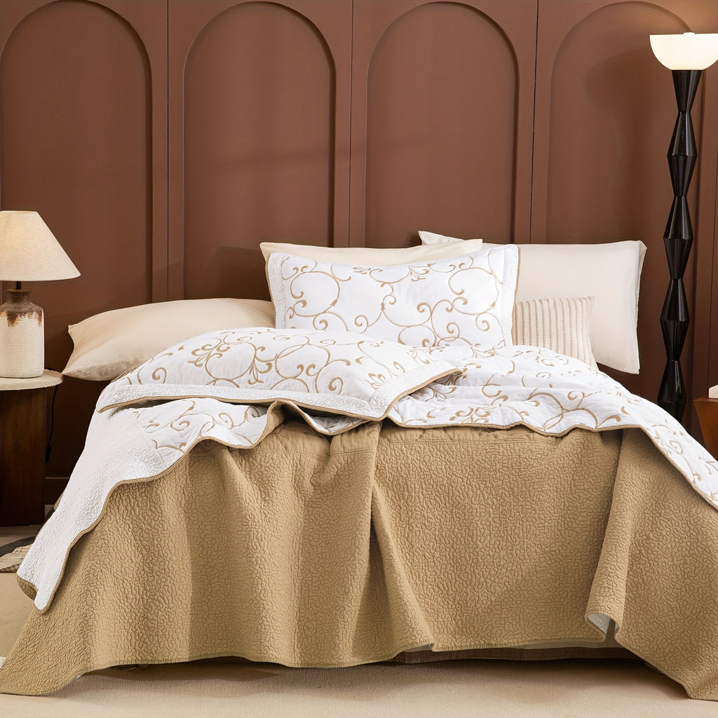 100% Cotton California King Quilt Embroidery Pattern Bedding Coverlet Set 3pcs Extra Large Golden And White Quilt Bedding Set Aesthetic All Season