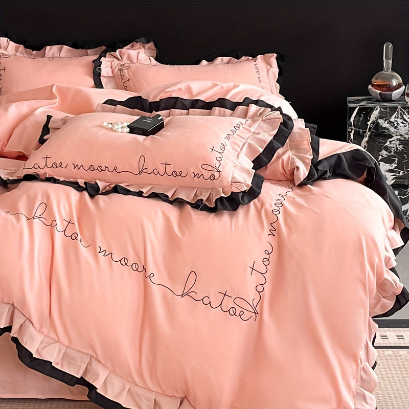 Advanced Embroidery Washed Four Piece Set with Ruffled Edges Bedding That Can Be Machine Washed for All Seasons: Includes One Duvet Cover, One Bed Sheet, Two Pillowcases, Without A Core