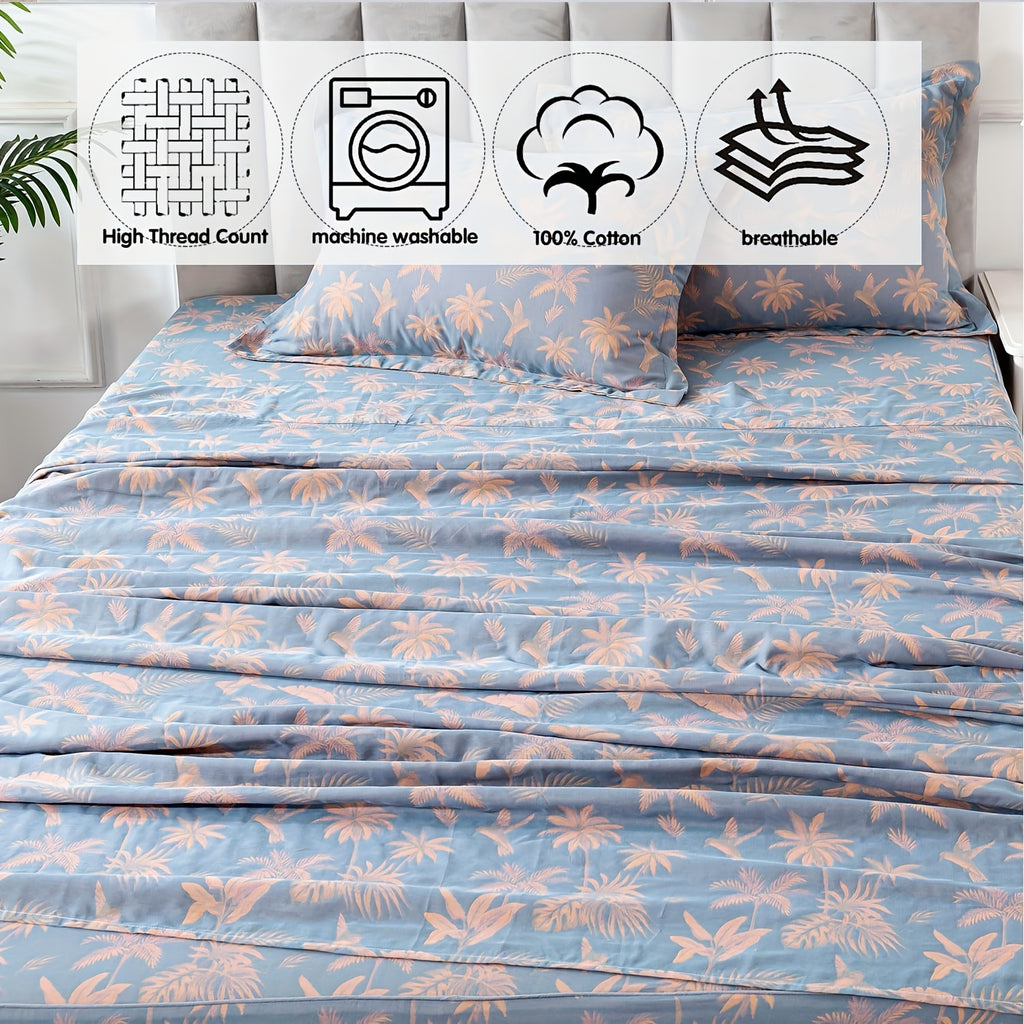 100% Cotton Double Gauze Floral Sheets Set Dirty Blue Tropical Bird Bed Sheet Shabby Vintage Bedding Orange Coconut Tree Printed Deep Pocket Sheets Luxury Soft Breathable, 4pcs