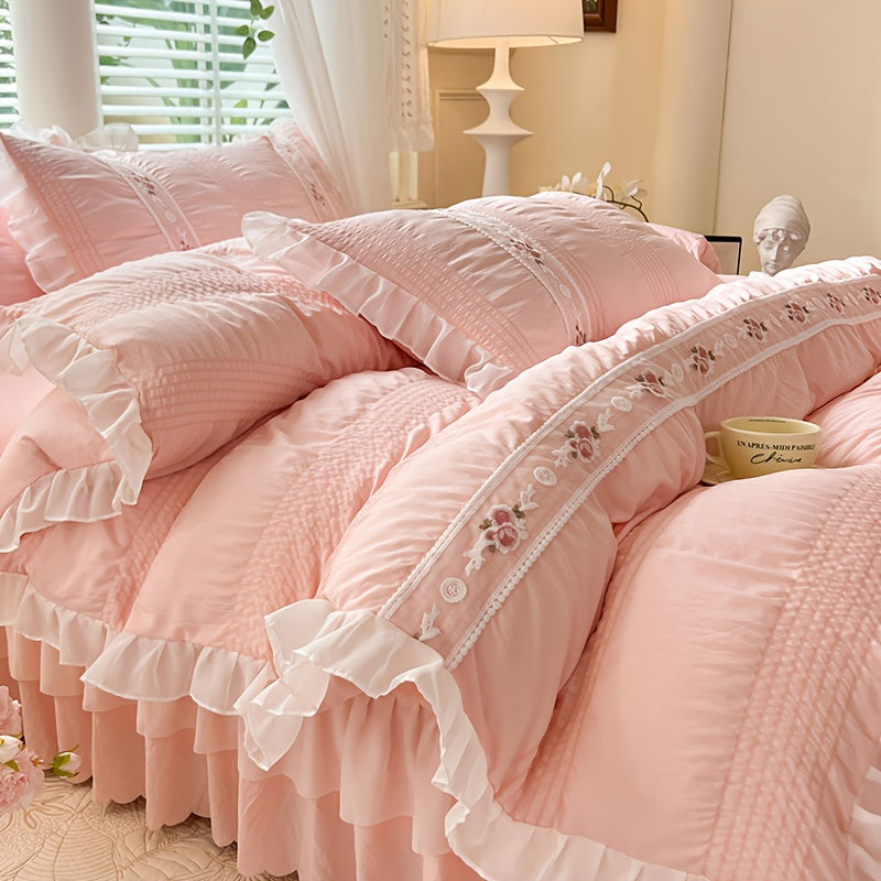 4pcs Solid-color Bedskirt-style Bubble Duvet Cover Set In French Princess Style with Lace Trim (1 Duvet Cover.1 Flat Sheet + 2 Pillowcases, No Fillers). Soft And Comfortable, Machine Washable. Decorative Bedding Perfect for Festive Gifts.