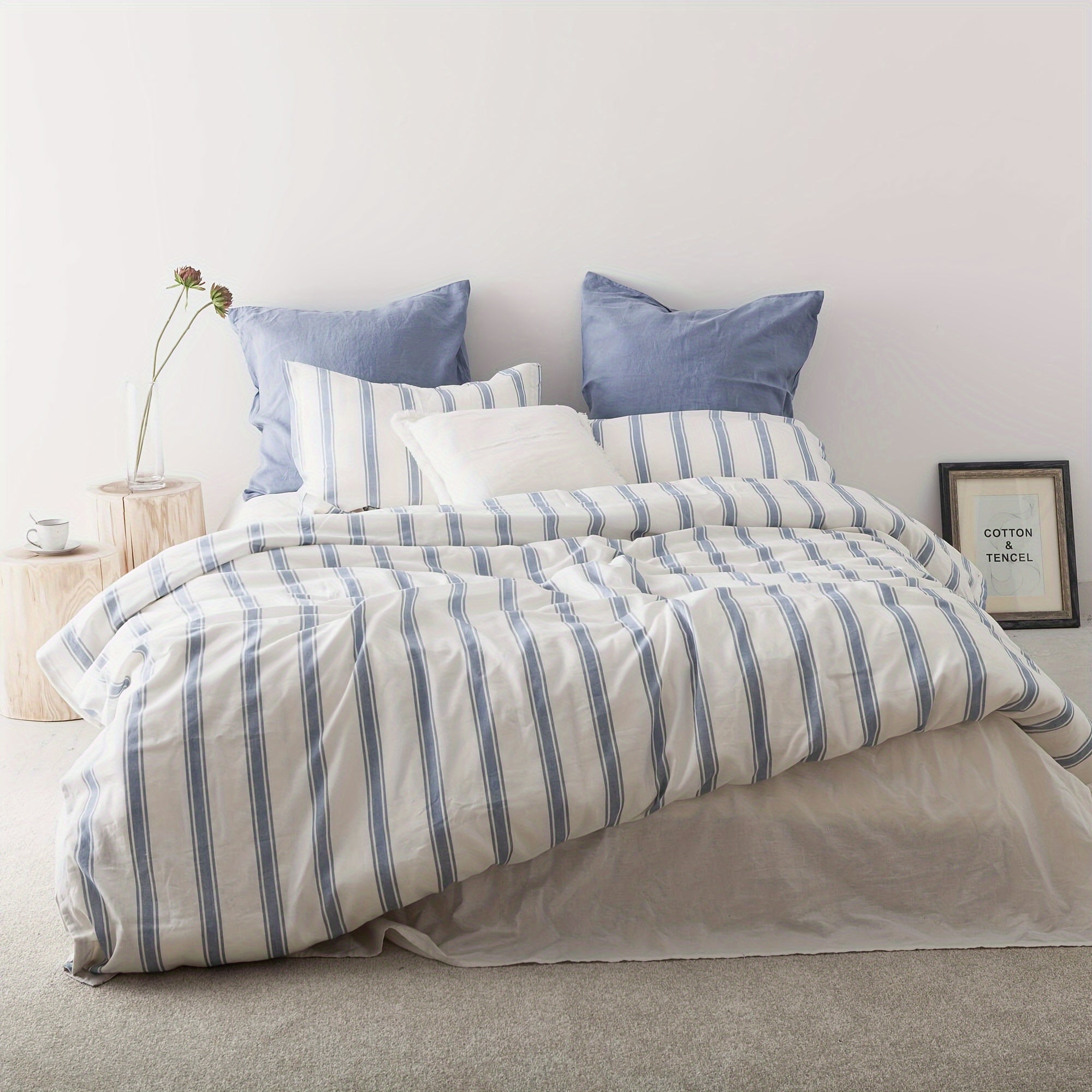 Queen Size Linen And Cotton Comforter Set 3 Pcs, Farmhouse Striped Comforter Set, Soft And Breathable Bedding, 55% Linen, 45% Cotton, Includes 1 Comforter, 2 Pillowcases