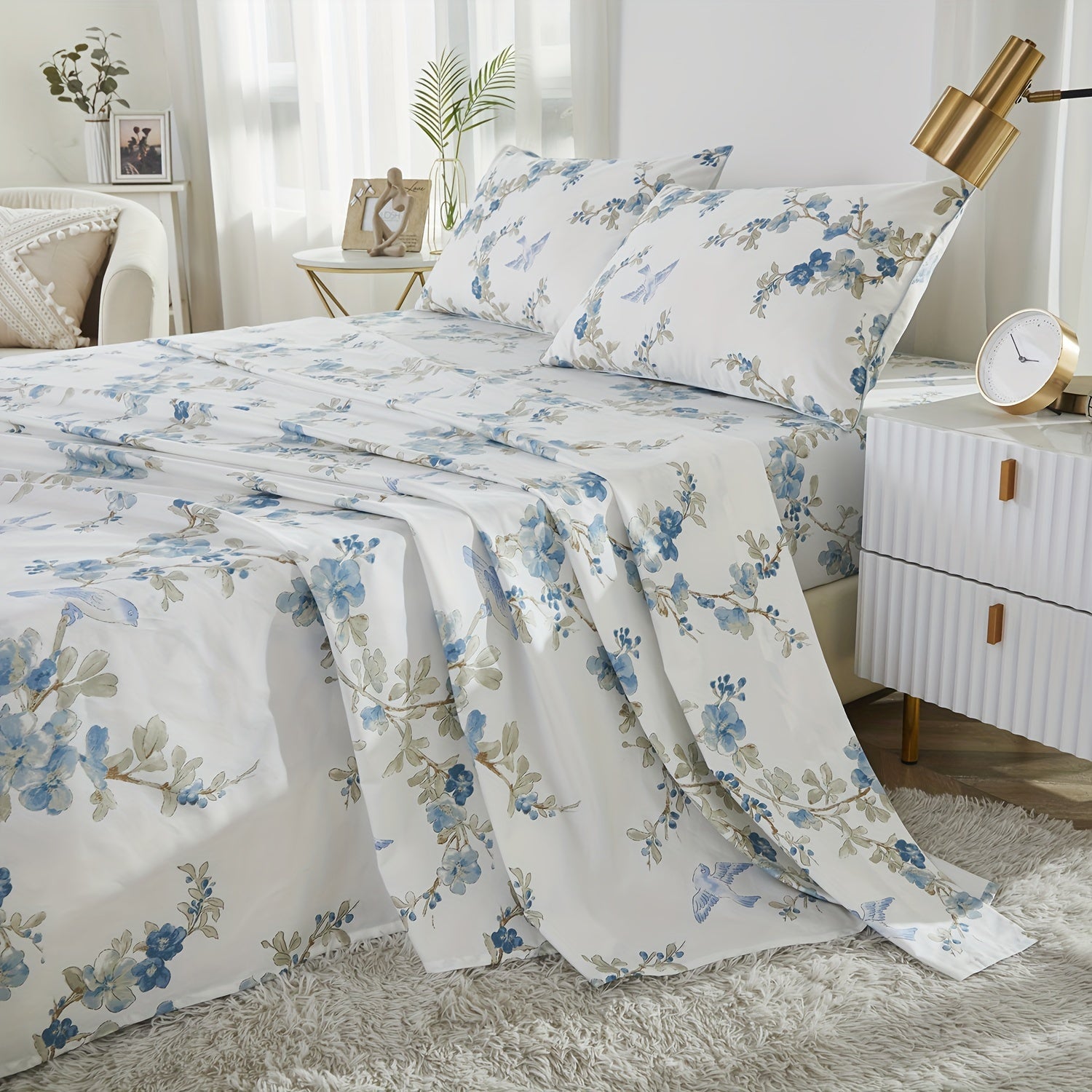 4pcs 600TC 100% Egyptian Cotton Fitted Sheet Set (1*Fitted Sheet + 1*Flat Sheet + 2*Pillowcase, Without Core), Luxury Blue Watercolor Floral Bedding Set, for Bedroom Guest Room Student Dorm All Seasons