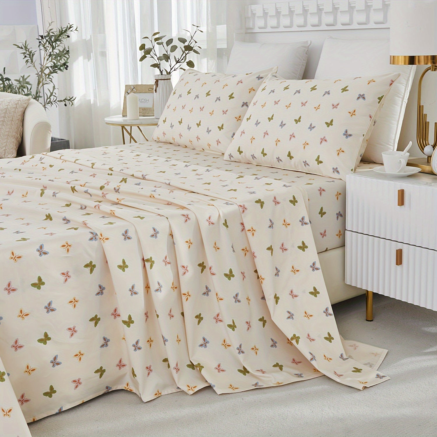 4pcs 600TC 100% Egyptian Cotton Fitted Sheet Set (1*Fitted Sheet+1*Flat Sheet+2*Pillowcase, Without Core), Luxury Colorful Butterfly Shabby Chic Bedding Set, For Guest Room Student Dorm All Seasons