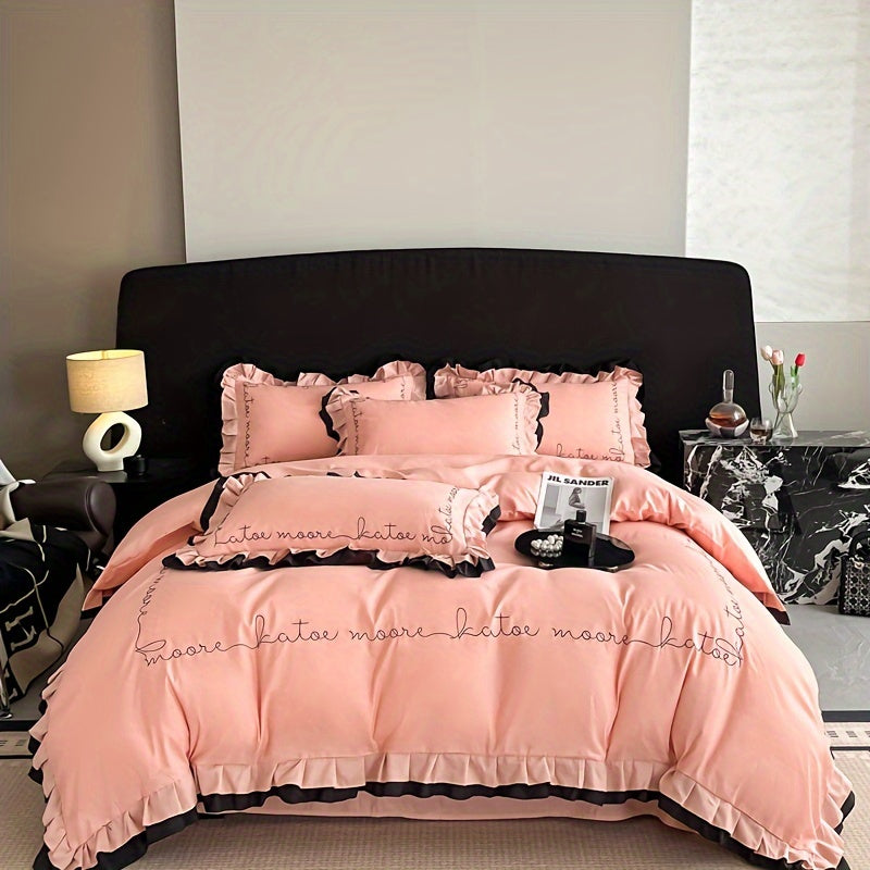 Advanced Embroidery Washed Four Piece Set with Ruffled Edges Bedding That Can Be Machine Washed for All Seasons: Includes One Duvet Cover, One Bed Sheet, Two Pillowcases, Without A Core