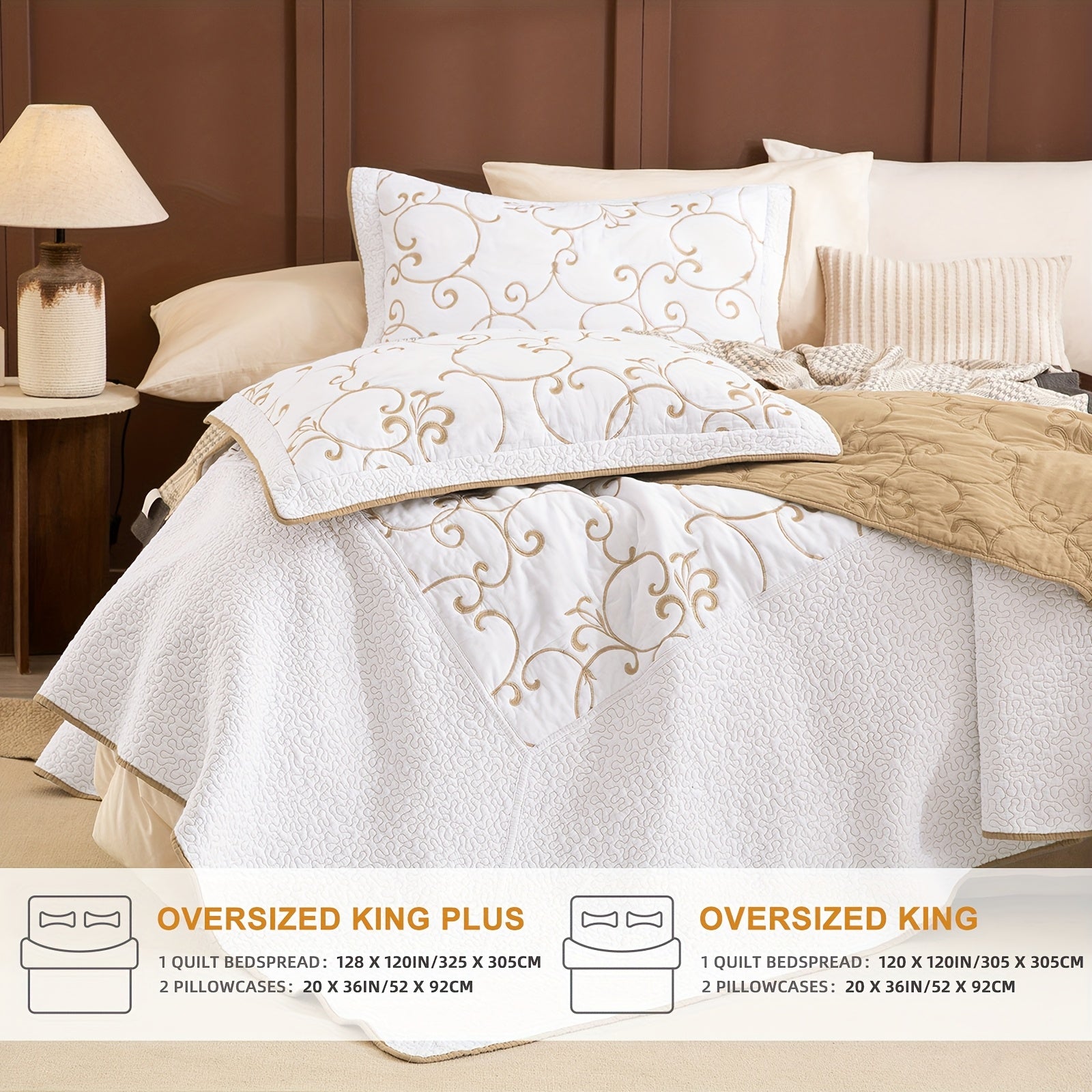 100% Cotton California King Quilt Embroidery Pattern Bedding Coverlet Set 3pcs Extra Large Golden And White Quilt Bedding Set Aesthetic All Season