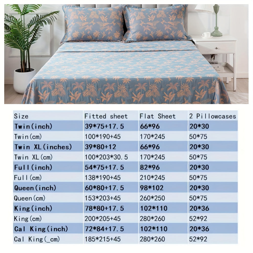 100% Cotton Double Gauze Floral Sheets Set Dirty Blue Tropical Bird Bed Sheet Shabby Vintage Bedding Orange Coconut Tree Printed Deep Pocket Sheets Luxury Soft Breathable, 4pcs