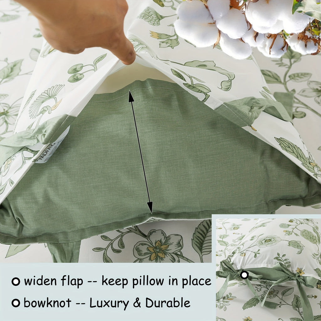 Green Floral Bed Sheets 100% Percale Cotton 4pcs Deep Pocket Botanical Sheets Flower Leaves Print Super Soft Breathable Cooling Crisp White Sheets for All Season