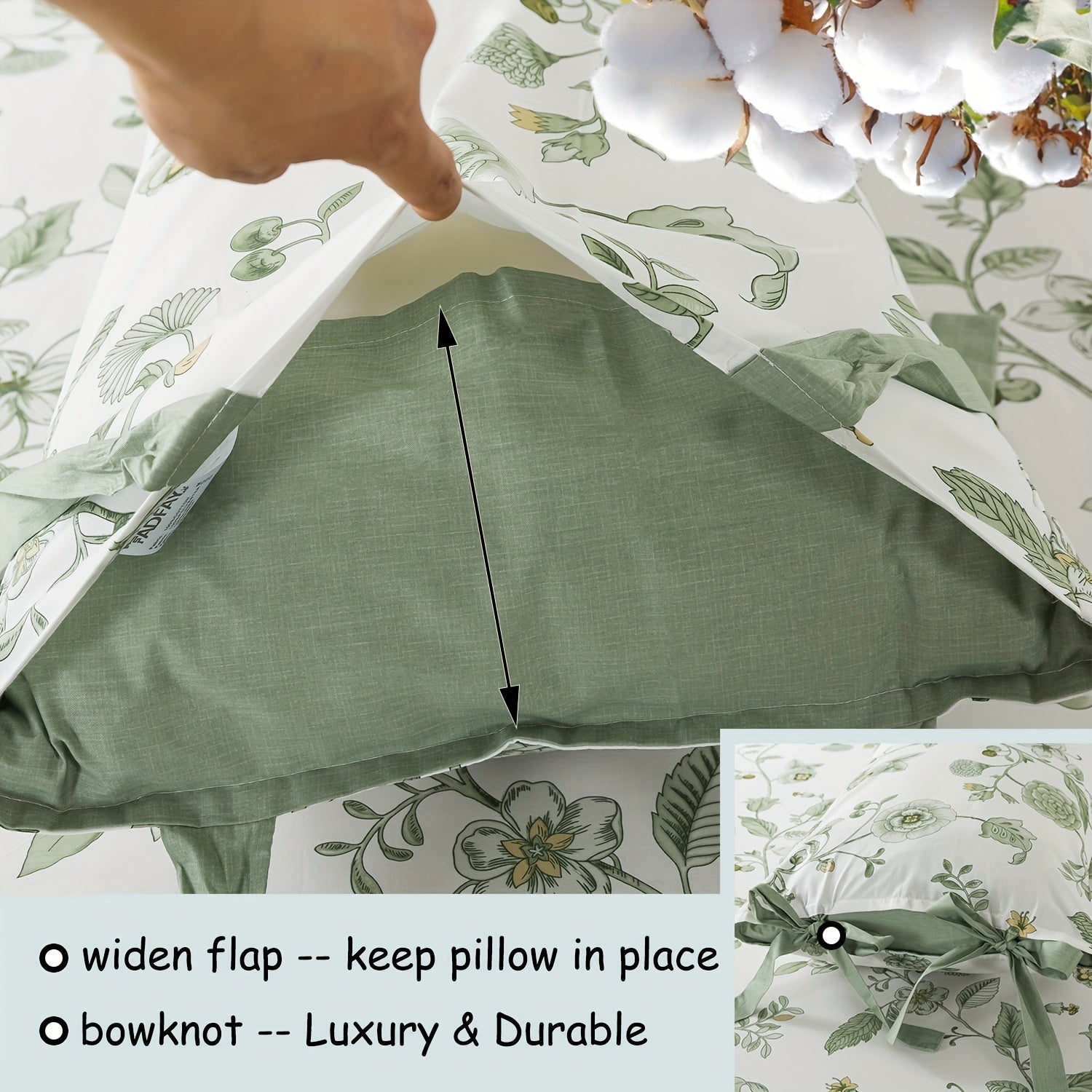 Green Floral Bed Sheets 100% Percale Cotton 4pcs Deep Pocket Botanical Sheets Flower Leaves Print Super Soft Breathable Cooling Crisp White Sheets for All Season